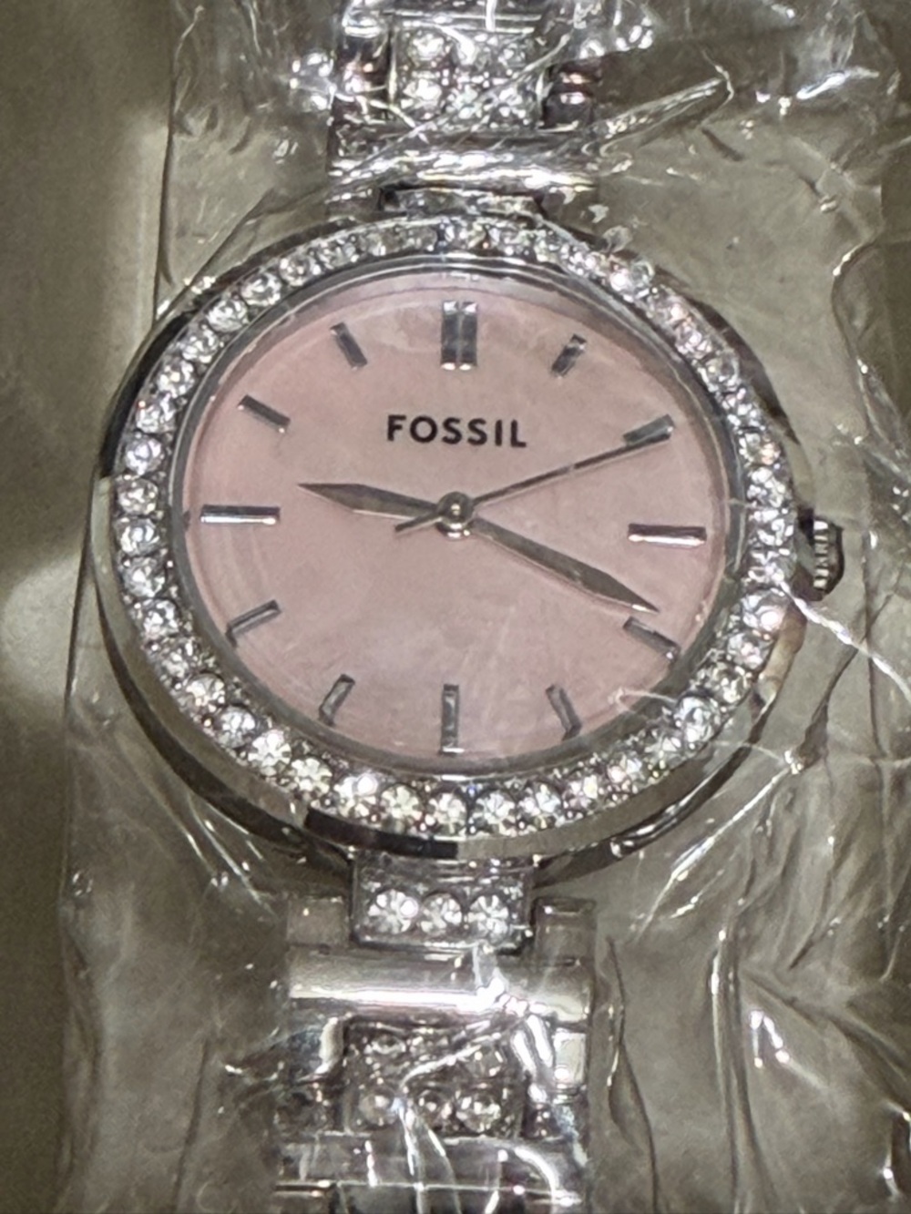 Fossil Women's Silver Watch with Pink Dial and Crystal Accents